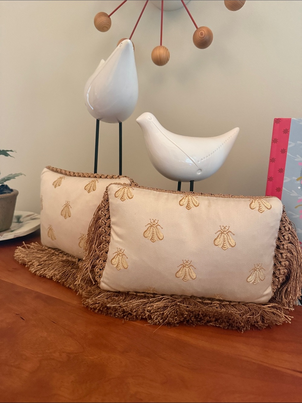 Cream Throw Pillows with Gold Bee Embroidery and Fringe